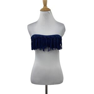 L Space Bikini Top Womens XS Extra Small Dark Blue Dolly Knotted Fringe Bandeau